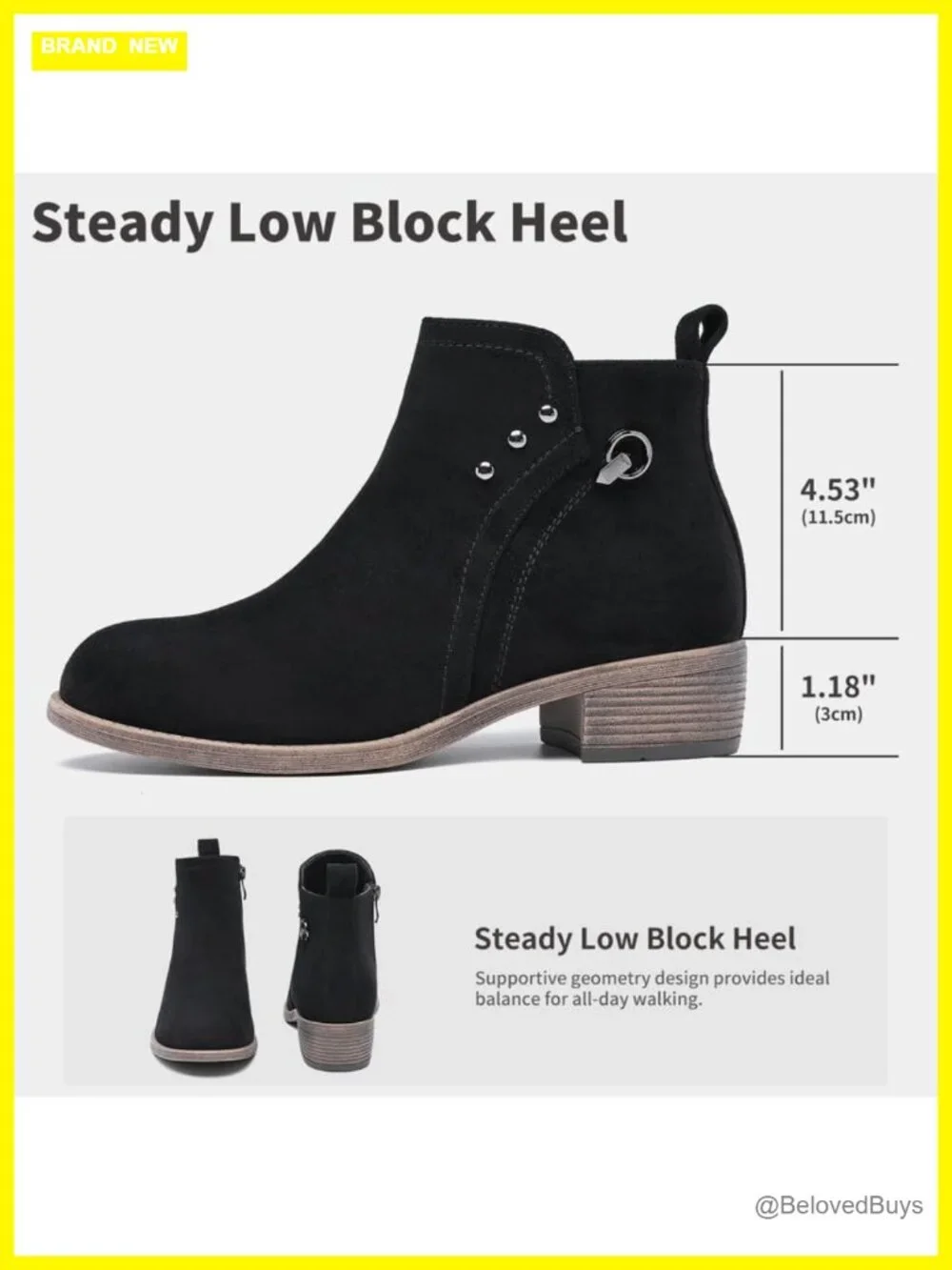 Women's Ankle Boots with Chunky Heel, Side Zipper, Anti-Slip Rubber Sole,